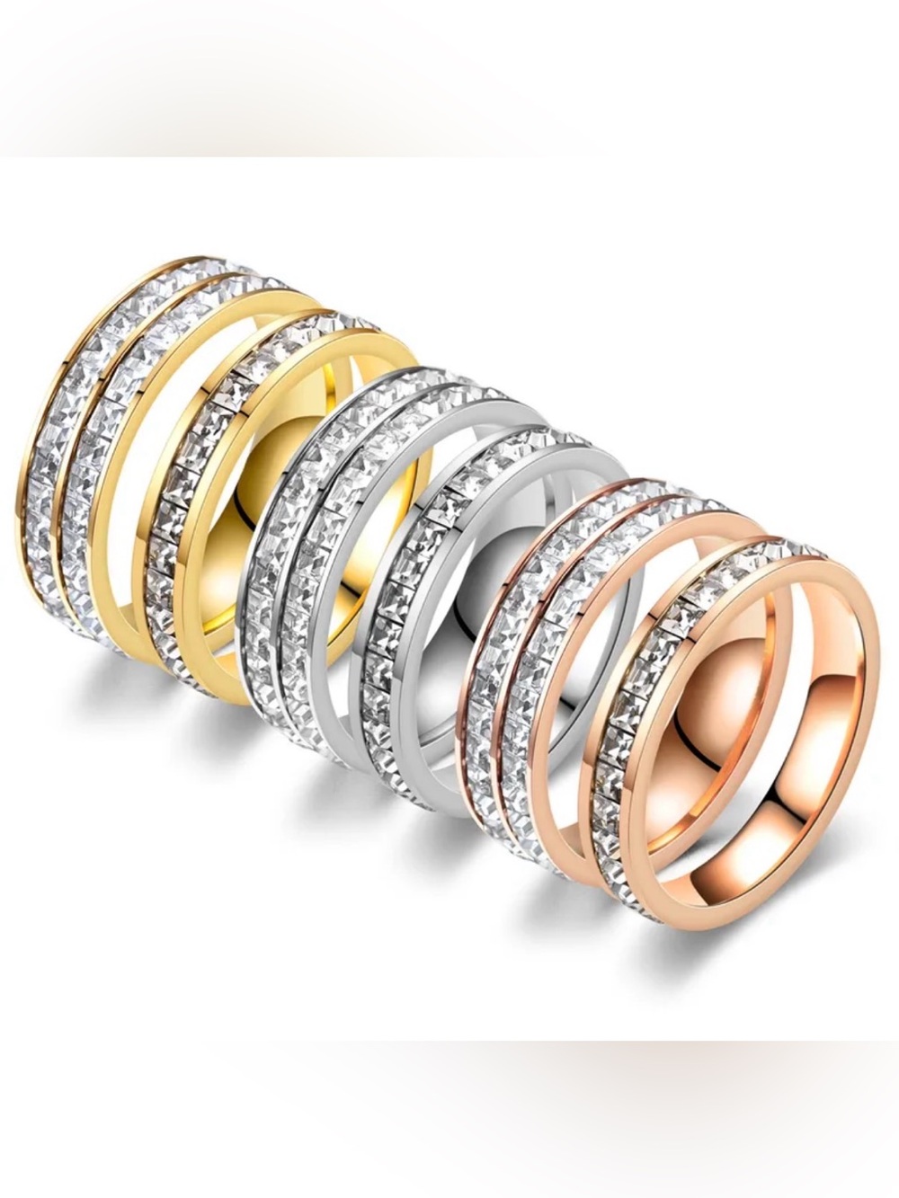 18K Gold Single Row Princess Cut Luxury Diamond I Ring Wedding Bridal No Fade - Picture 9 of 10